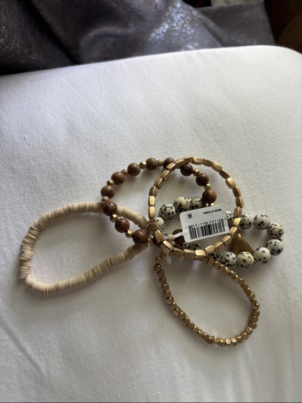Altar'd State Neutral Taupe and Speckled Bead Bracelet Stack with Tassel - Picture 6 of 6